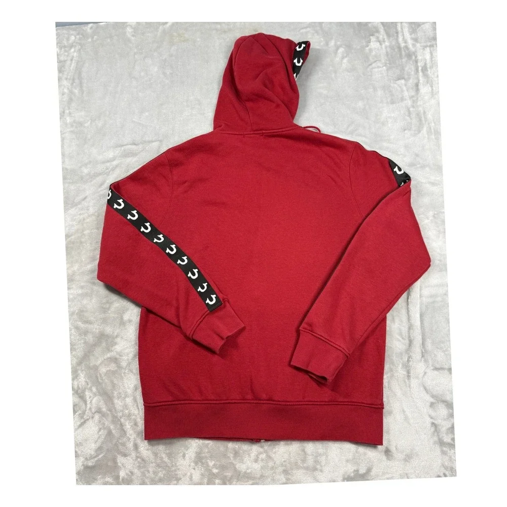 True Religion Mens Med. Red Logo Tape Zip Up Hoodie Horseshoe Patch Sweatshirt